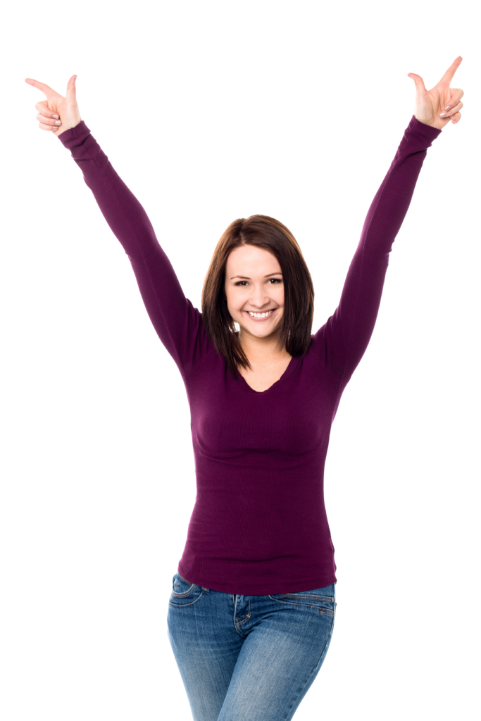 A woman in purple shirt raising her arms.