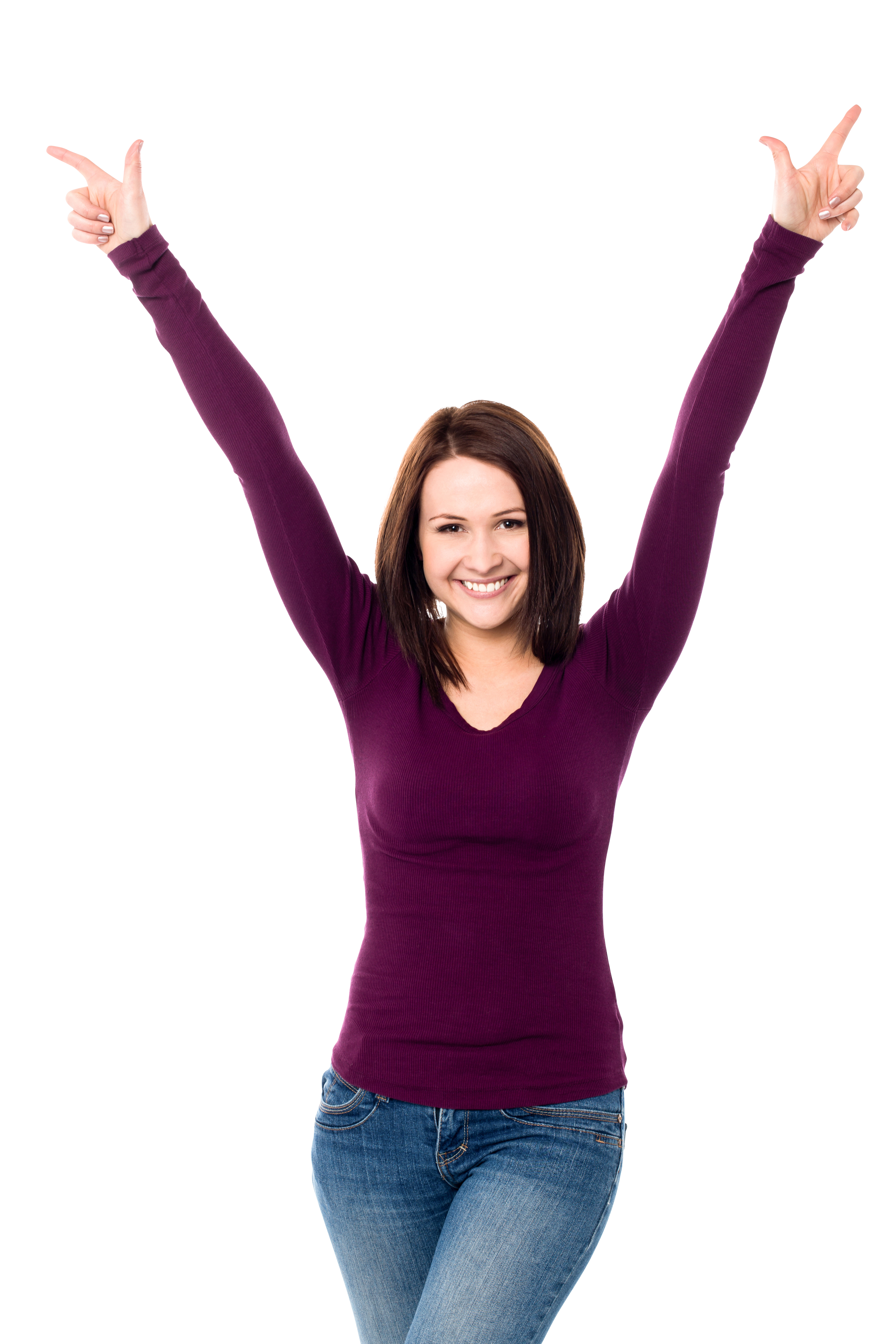 A woman in purple shirt raising her arms.