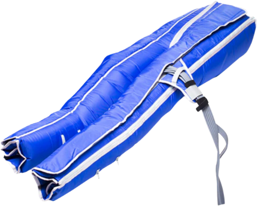 A blue and white umbrella is shown on the ground.