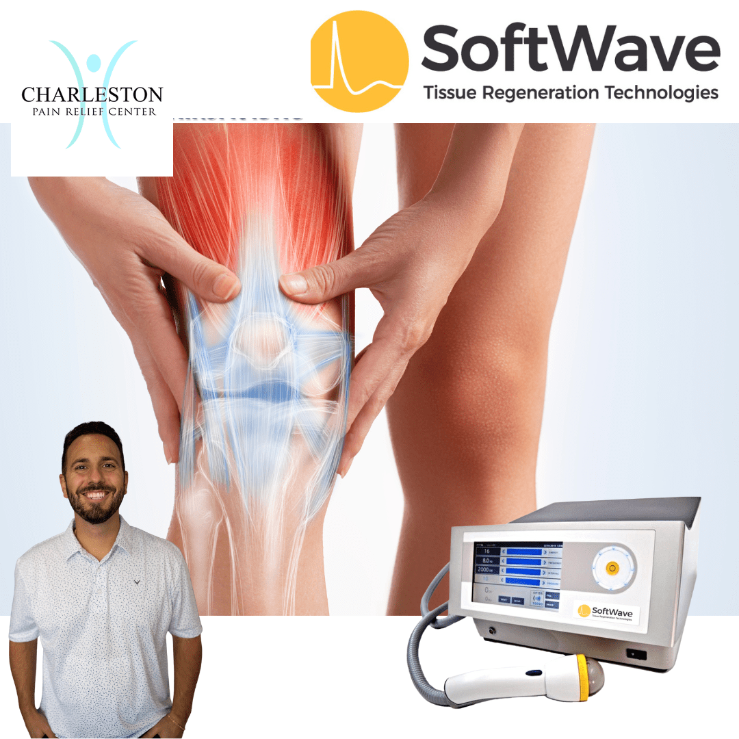 Dr. Sam treating knee pain with SoftWave TRT at Charleston Pain Relief Center