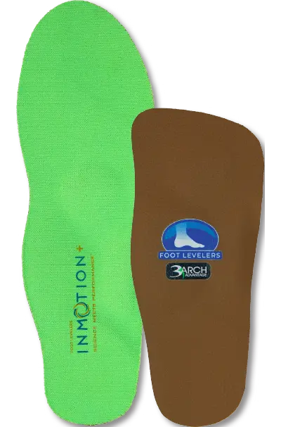 A pair of insoles for shoes that are green and brown.