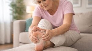 An elderly woman in a pink shirt sits on a sofa, massaging her foot with a pained expression. The cozy living room has soft lighting and neutral tones.