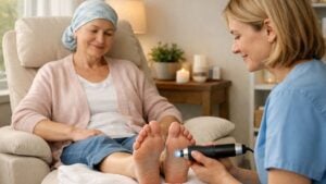 A woman wearing a headscarf relaxes in an armchair with a content smile while a caregiver in blue scrubs massages her feet in a cozy room.