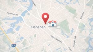 Map showing Hanahan with a large red location pin and a hospital icon. Roads include Foster Creek Rd and River Ave. Nearby is Interstate 526.