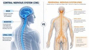 Illustration comparing the central nervous system (CNS) with the peripheral nervous system (PNS). Left: CNS in blue, highlighting brain and spinal cord. Right: PNS in orange, with nerve branches extending throughout the body. Central “VS” indicates comparison.