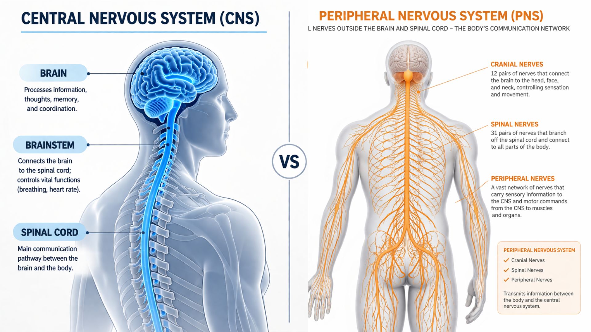 Illustration comparing the central nervous system (CNS) with the peripheral nervous system (PNS). Left: CNS in blue, highlighting brain and spinal cord. Right: PNS in orange, with nerve branches extending throughout the body. Central “VS” indicates comparison.