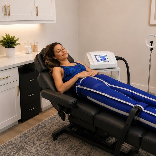 BOA Max 2 lymphatic compression therapy device in use at Charleston Pain Relief Center North Charleston compression suit at Charleston Pain Relief Center