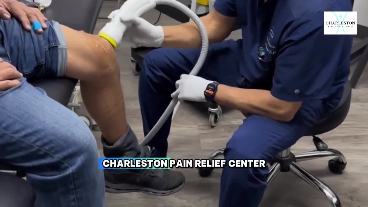 SoftWave TRT treatment on a patient's knee at Charleston Pain Relief Center in North Charleston, SC