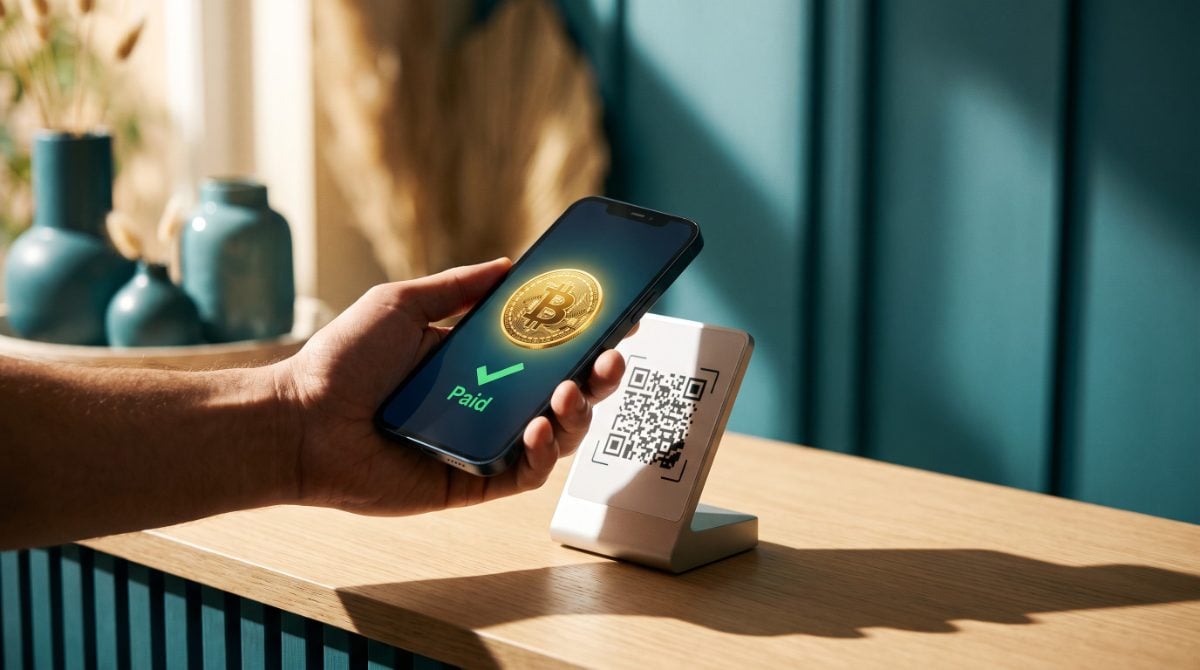 Patient paying with Bitcoin by scanning a QR code at the front desk of Charleston Pain Relief Center in North Charleston, SC