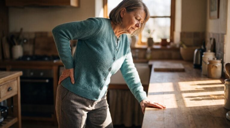 A woman steadies herself on a kitchen counter with one hand on her hip, taking the weight off that leg — hip pain often shows up first in everyday standing and walking.