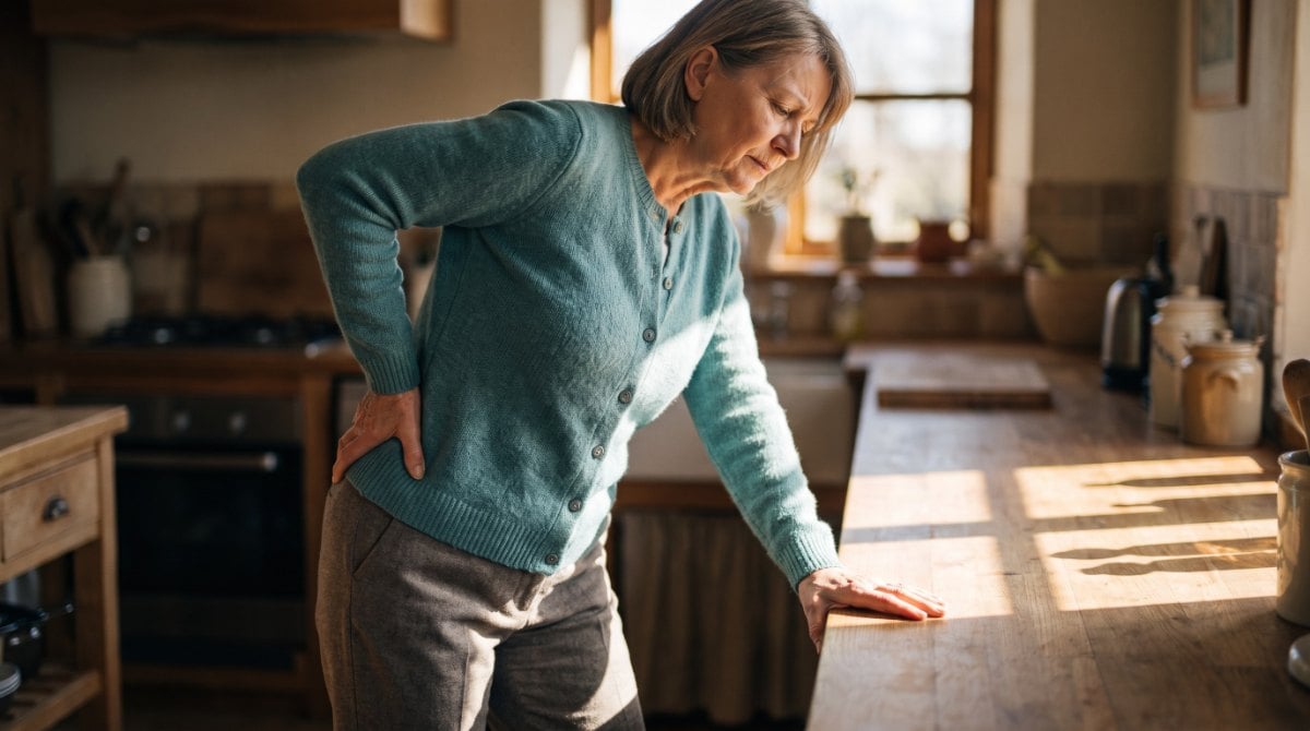 A woman steadies herself on a kitchen counter with one hand on her hip, taking the weight off that leg — hip pain often shows up first in everyday standing and walking.