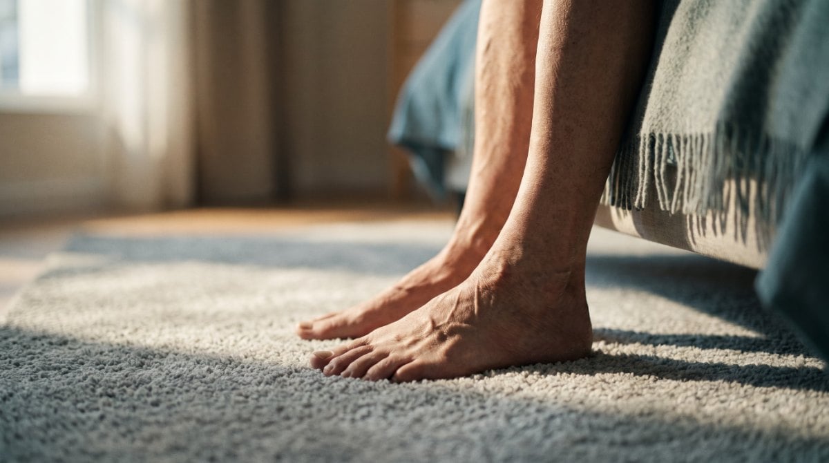 Bare feet of an older adult resting on a rug beside a bed in morning light — the burning and tingling of peripheral neuropathy is often worst on the first steps of the day.