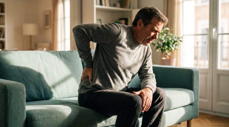 A man in his fifties sits on the edge of a sofa with one hand pressed to his lower back — sciatica pain often runs from the low back down through the hip and leg.