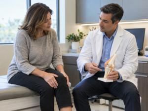 Patient discussing non-surgical knee pain treatment options with a healthcare provider