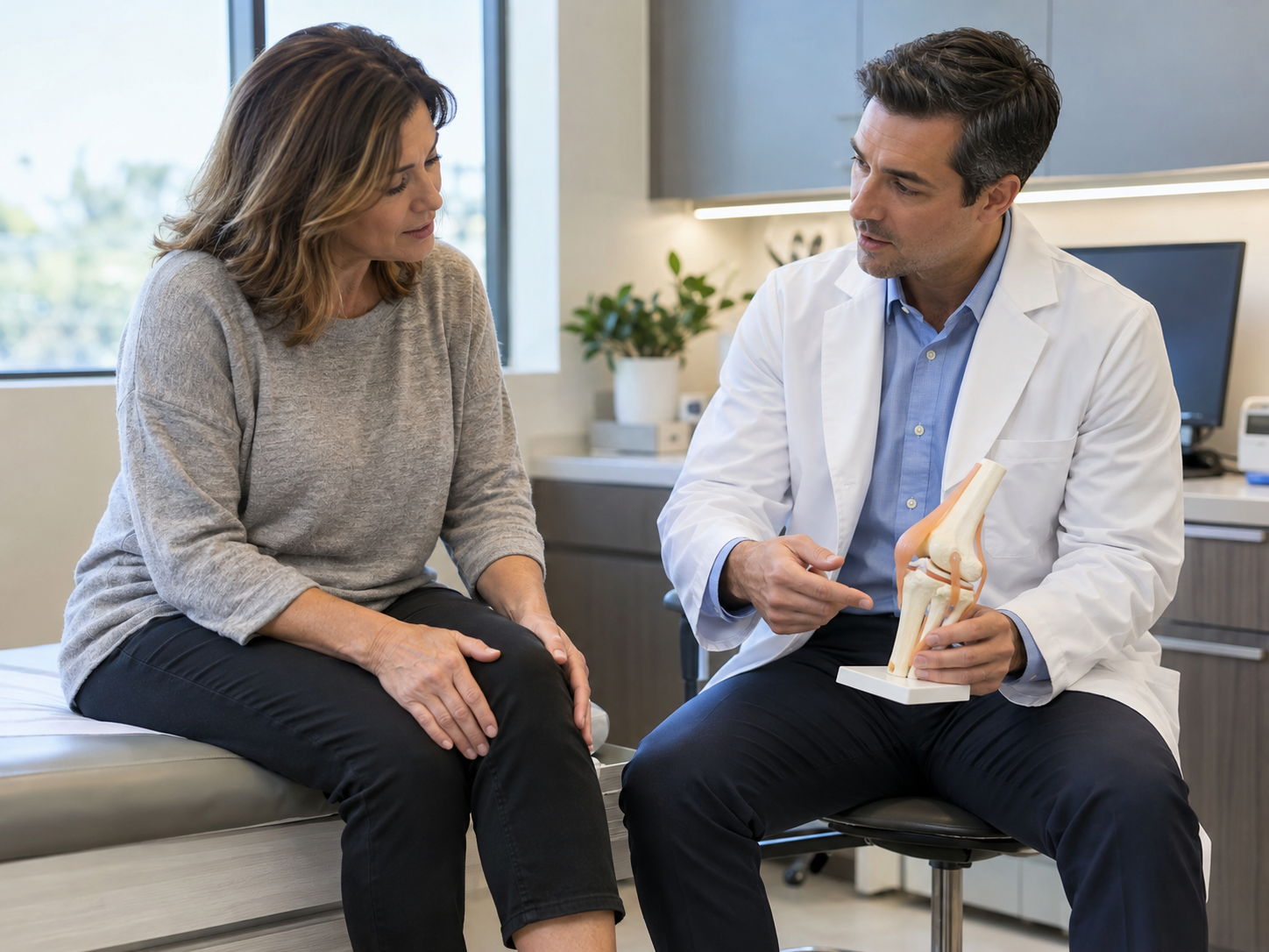 Patient discussing non-surgical knee pain treatment options with a healthcare provider