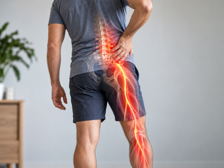 Person experiencing lower back and leg pain associated with sciatica